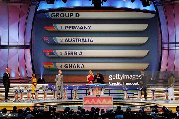 In this handout photo provided by the 2010 FIFA World Cup Organising Committee, Group D, showing Germany, Australia, Serbia and Ghana, during the...