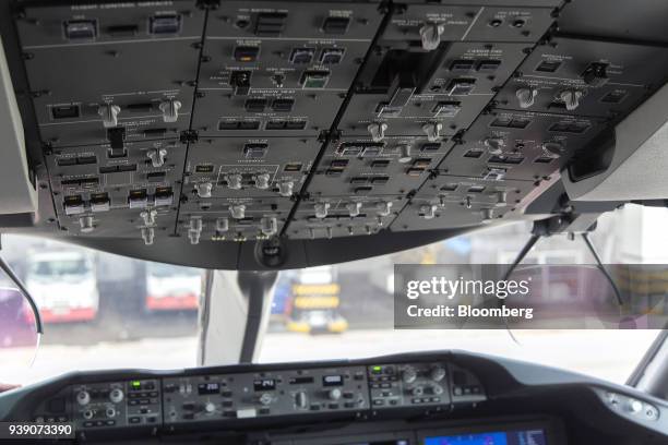 The cockpit of a Boeing 787-10 Dreamliner aircraft, operated by Singapore Airlines Ltd., is seen at Changi Airport in Singapore, on Wednesday, March...