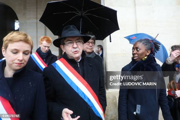 Members of Parliament of the leftist La France Insoumise party, Clementine Autain, Adrien Quatennens, party leader Jean-Luc Melenchon, Eric Coquerel...