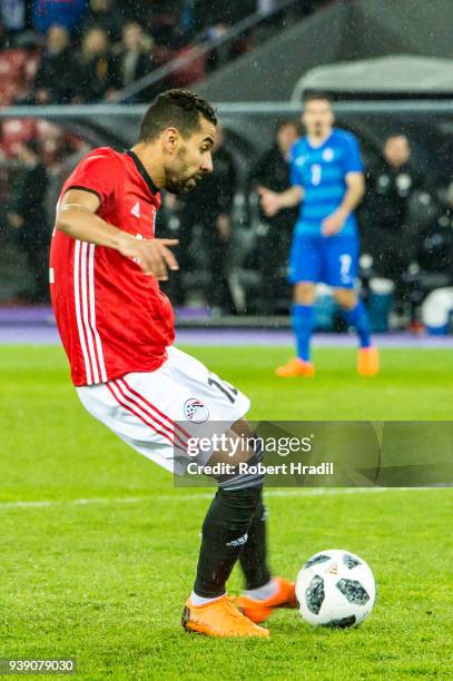 Moamen Zakaria of Egypt in action during the International Friendly between Egypt and Greece at the Letzigrund Stadium on March 27, 2018 in Zurich,...