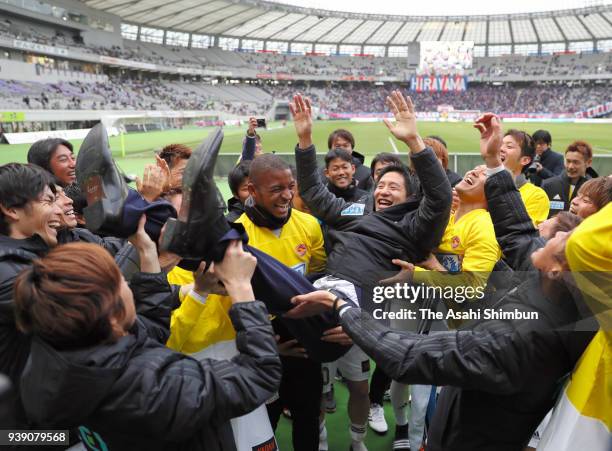 Sota Hirayama is thrown into the air at the retirement ceremony after the J.League J1 match between FC Tokyo and Vegalta Sendai at Ajinomoto Stadium...