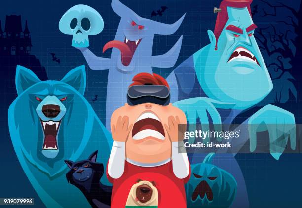kid with vr goggles watching ghost and monster - halloween pets stock illustrations