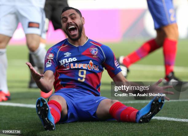 Diego Oliveira of FC Tokyo reacts during the J.League J1 match between FC Tokyo and Vegalta Sendai at Ajinomoto Stadium on March 3, 2018 in Chofu,...