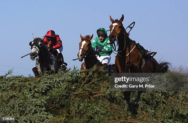 The race winner Jim Culloty riding Bindaree jumps over the final fence during the third day of the Martell Grand National Steeple Chase held at...