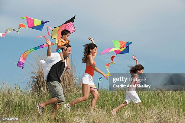 family flying kites in field - kite flying stock pictures, royalty-free photos & images