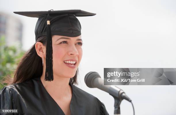 hispanic valedictorian giving speech - graduation speech stock pictures, royalty-free photos & images