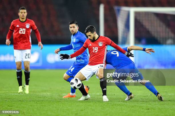 Abdallah Said, Ahmed Hassan Mahgoub during the International friendly match between Egypt and Greece on March 27, 2018 in Zurich, Switzerland.