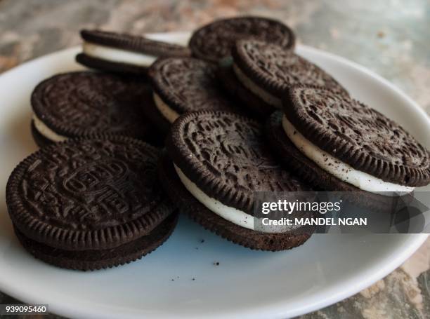 March 7, 2012 photo shows a plate of Oreo cookies in Washington, DC. Technically they're "chocolate sandwich cookies," a baked concoction of sugar,...