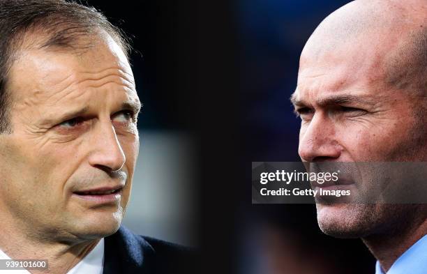 In this composite image a comparison has been made between Juventus FC Head coach Massimiliano Allegri and Head coach Zinedine Zidane of Real Madrid...