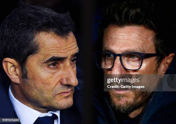 In this composite image a comparison has been made between Head coach Ernesto Valverde of FC Barcelona and Eusebio Di Francesco, coach of AS Roma. FC...