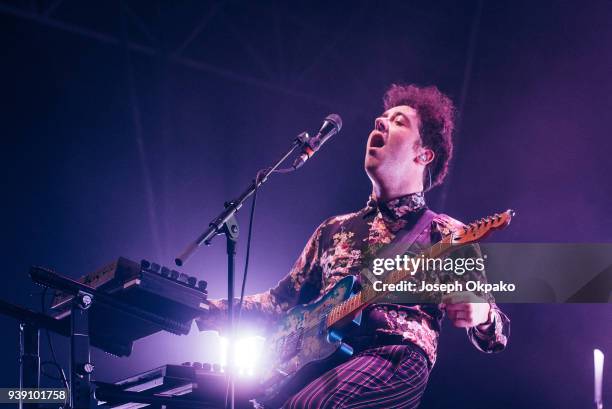 Matthew Murphy of The Wombats perform live on stage at Alexandra Palace on March 27, 2018 in London, England.