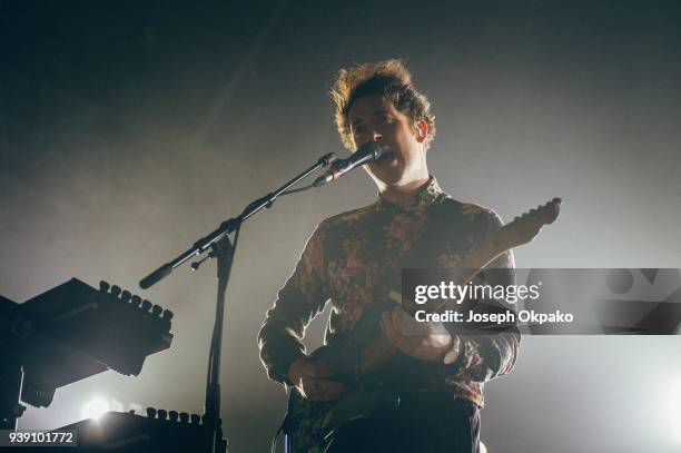 Matthew Murphy of The Wombats perform live on stage at Alexandra Palace on March 27, 2018 in London, England.