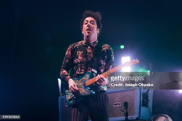 Matthew Murphy of The Wombats perform live on stage at Alexandra Palace on March 27, 2018 in London, England.