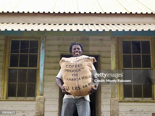 worker carrying a sack of coffee beans - jamaica coffee stock pictures, royalty-free photos & images