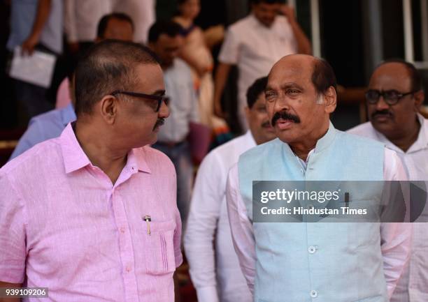 Congress leader Manikrao Thakre with Hitendra Thakur during the Maharashtra State Assembly Session at Vidhan Bhavan, on March 27, 2018 in Mumbai,...