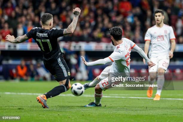Isco of Spain scores the second goal to make it 2-0, Nicolas Otamendi of Argentina during the International Friendly match between Spain v Argentina...