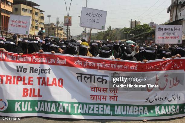 Thousands of Muslim women gathered to protest against the Triple Talaq Bill, proposed by the central government, at Mumbra, on March 26, 2018 in...