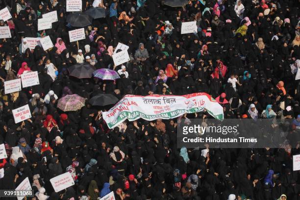 Thousands of Muslim women gathered to protest against the Triple Talaq Bill, proposed by the central government, at Mumbra, on March 26, 2018 in...