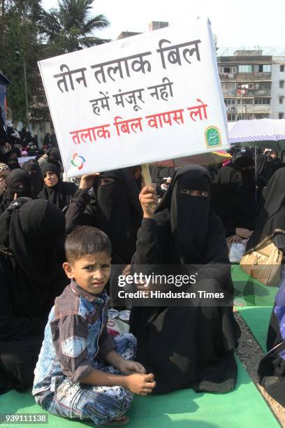 Thousands of Muslim women gathered to protest against the Triple Talaq Bill, proposed by the central government, at Mumbra, on March 26, 2018 in...