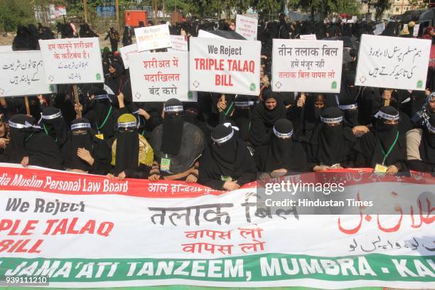 Thousands of Muslim women gathered to protest against the Triple Talaq Bill, proposed by the central government, at Mumbra, on March 26, 2018 in...