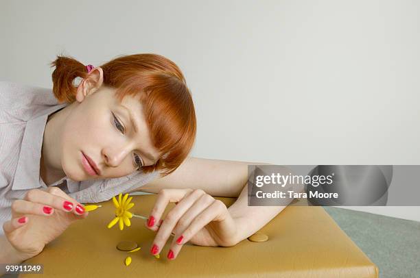 woman pulling petals from daisy - daisy petal stock pictures, royalty-free photos & images