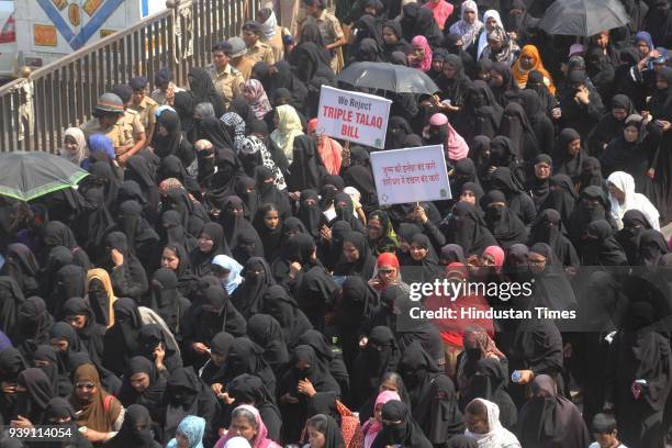 Thousands of Muslim women gathered to protest against the Triple Talaq Bill, proposed by the central government, at Mumbra, on March 26, 2018 in...