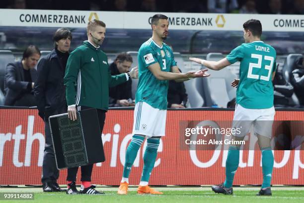 Sandro Wagner of Germany replaces Mario Gomez during the international friendly match between Germany and Brazil at Olympiastadion on March 27, 2018...