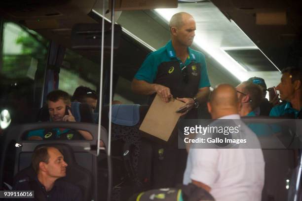 Vice captian of the Australian cricket team on the team bus in the team bus shortly after they arrived at OR Tambo International Airport on March 27,...