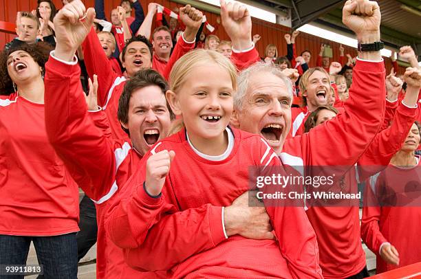 fans celebrating at football match - girl who stands stock pictures, royalty-free photos & images