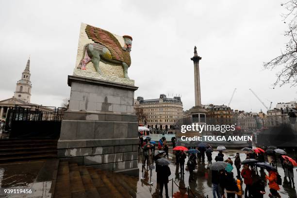 Picture shows the sculpture "The Invisible Enemy Should Not Exist" by Iraqi-American artist Michael Rakowitz standing on the Fourth Plinth in...