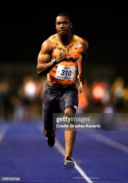 Yohan Blake of Jamaica competes in the Men's 100m event during the 2018 Queensland Track Classic at QSAC on March 28, 2018 in Brisbane, Australia.