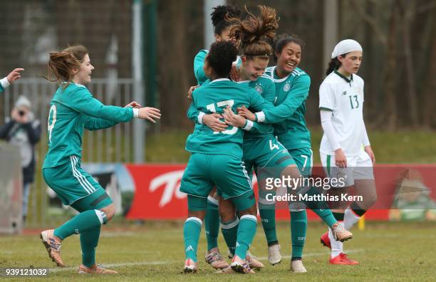 Emilie Bernhardt of Germany jubilates with team mates after scoring the first goal during the UEFA U17 Girl's European Championship Qualifier match...