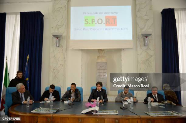 Luca Crecco, Luis Nani, Simone Inzaghi and Davide Di Gennaro of SS lazio during the SS Lazio players meet students during a visit to Leonardo Da...