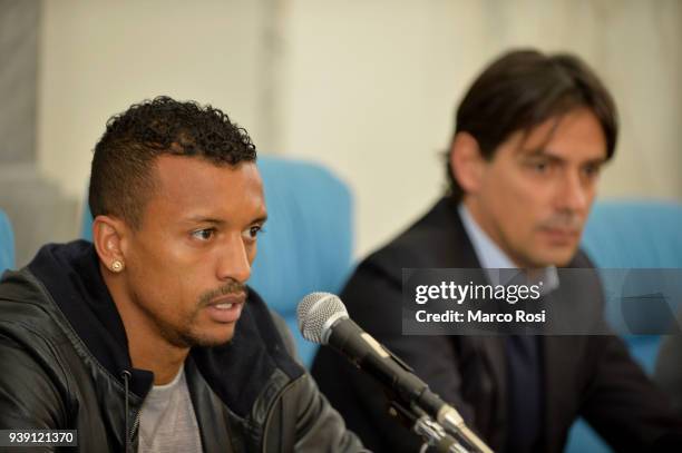 Luis Nani and Simone Inzaghi of SS Lazio the SS Lazio players meet students during a visit to Leonardo Da Vinci school on March 28, 2018 in Rome,...