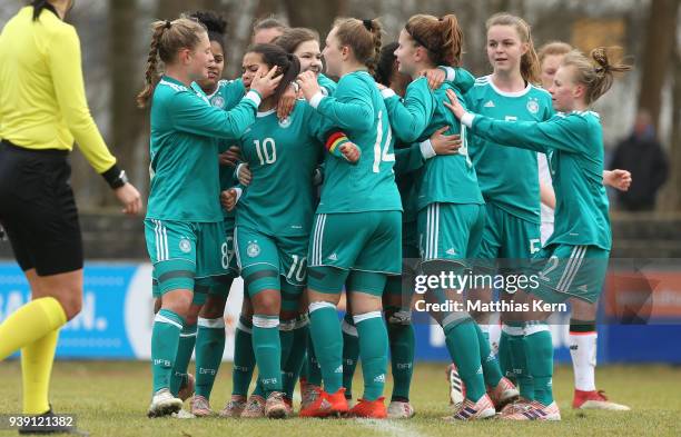 Ivana Fuso of Germany jubilates with team mates after scoring the second goal after penalty during the UEFA U17 Girl's European Championship...