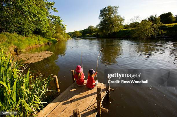 young girl and boy fishing. - ross woodhall stock-fotos und bilder