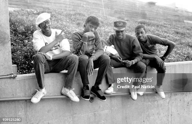 Portrait of the American R&B group New Edition at the Poplar Creek Music Theater in Hoffman Estates, Illinois, June 30, 1985. Left to right, Ralph...