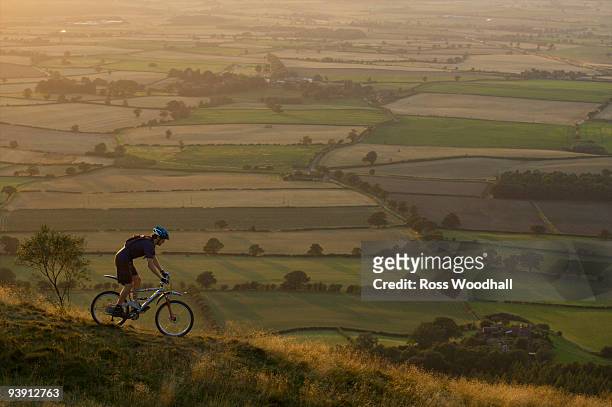 mountain biker riding down a hill. - ross woodhall stock pictures, royalty-free photos & images