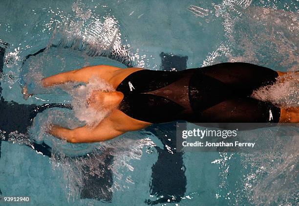 Margaret Hoelzer swims the 100 yard backstroke heats during day two of the AT&T Short Course Nationals at Weyerhaeuser King County Aquatic Center on...