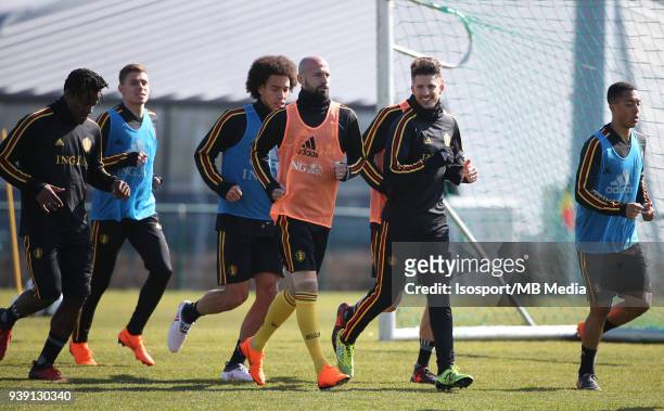 Tubize , Belgium. Laurent CIMAN and Kevin MIRALLAS pictured during a training session of the Belgian national soccer team Red Devils, at the Belgian...