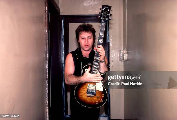 Portrait of guitarist Aldo Nova at the Aragon Ballroom in Chicago, Ilinois, November 25, 1983.