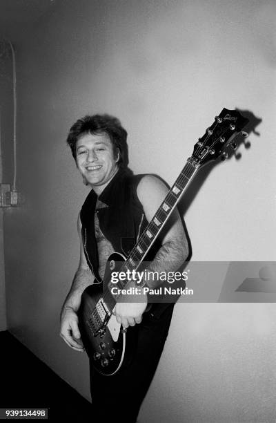 Portrait of guitarist Aldo Nova at the Aragon Ballroom in Chicago, Ilinois, November 25, 1983.