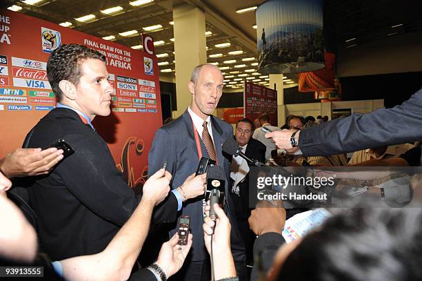 In this handout photo provided by the 2010 FIFA World Cup Organising Committee, USA coach Bob Bradley at the Mixzone after the 2010 Soccer World Cup...