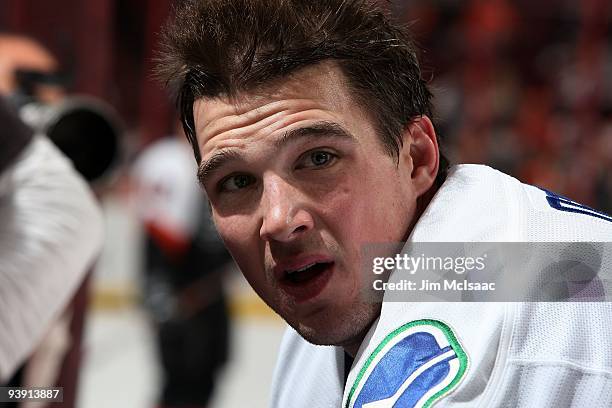 Shane O'Brien of the Vancouver Canucks warms up before playing against the Philadelphia Flyers on December 3, 2009 at Wachovia Center in...