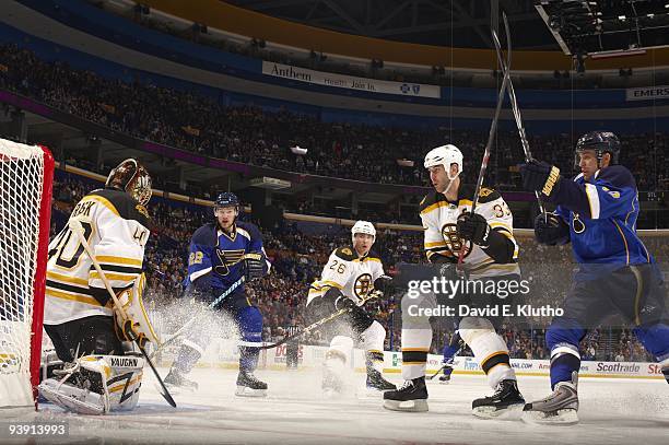 Boston Bruins goalie Tuukka Rask , Zdeno Chara and Blake Wheeler in action vs St. Louis Blues Brad Boyes and Andy McDonald . St. Louis, MO CREDIT:...