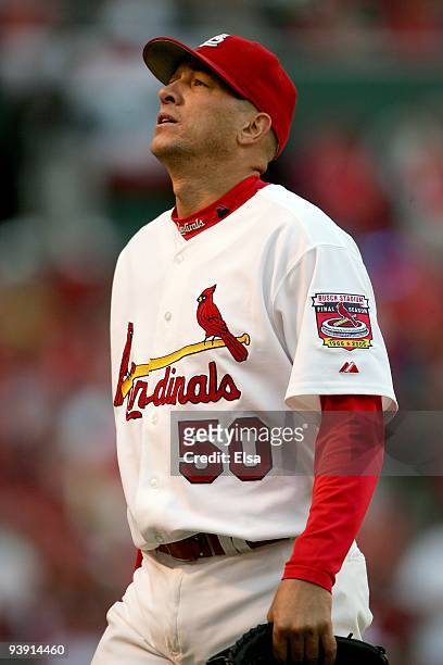 Julian Tavarez of the St. Louis Cardinals walks to te dugout against the San Diego Padres during the Game Two of the National League Division Series...