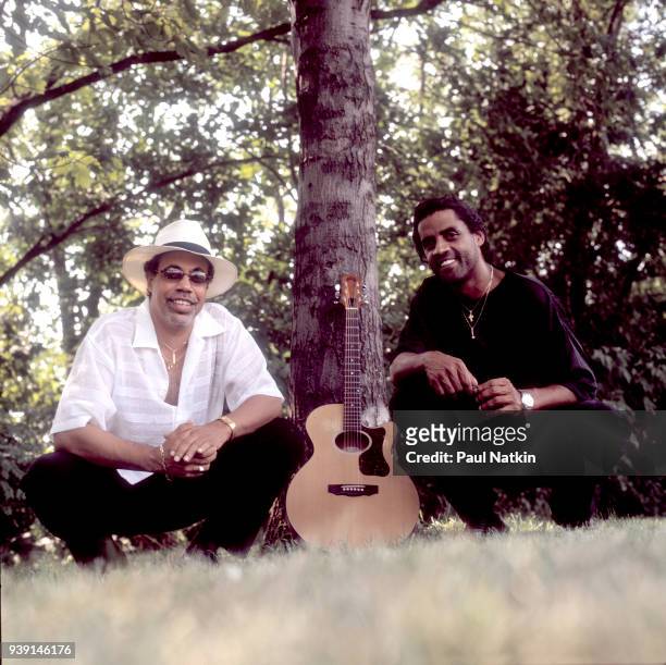 Portrait of blues musicians Billy Branch, left, and Kenny Neal outdoors in Chicago, Illinois, June 25, 2004.