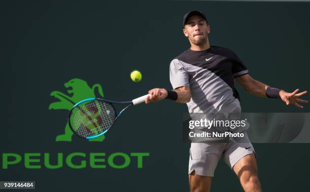 Borma Coric, from Croatia, in action against Denis Shapovalov, from Canada, during his fourth round match at the Miami Open in Key Biscayne. Coric...