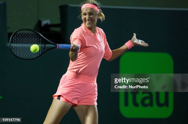 Victoria Azarenka, from Belarus, in action against Karolina Pliskova, from the Czech Republic, during her fourth round match at the Miami Open....