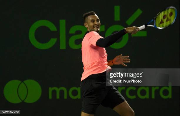 Nick Kyrgios, from Australia, in action against Alexander Zverev, from Germany, during his fourth round match at the Miami Open in Key Biscayne, on...